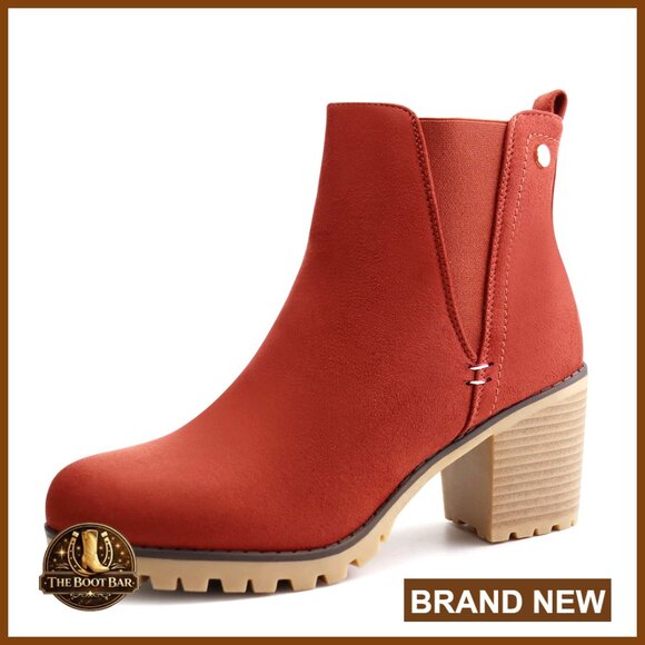 Shoes - Premium Synthetic Suede Ankle Booties Block Heel Slip On Chelsea Boots